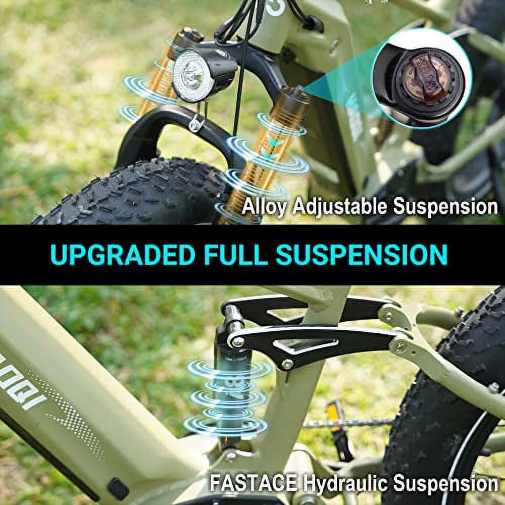 HAOQI Army Green Cheetah Electric Bike for Adults, 48V 25Ah Removable Dual Batteries Ebike, 750W Brushless Motor up to 28MPH, Shimano 7-Speed, 26" x 4.0 Fat Tire Full Suspension Mountain Bike