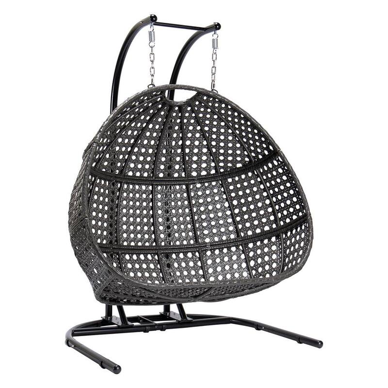Black Wicker Round Shaped Patio Swing Outdoor Patio Egg Lounge Chair Swing 2 Person with Navy Cushion