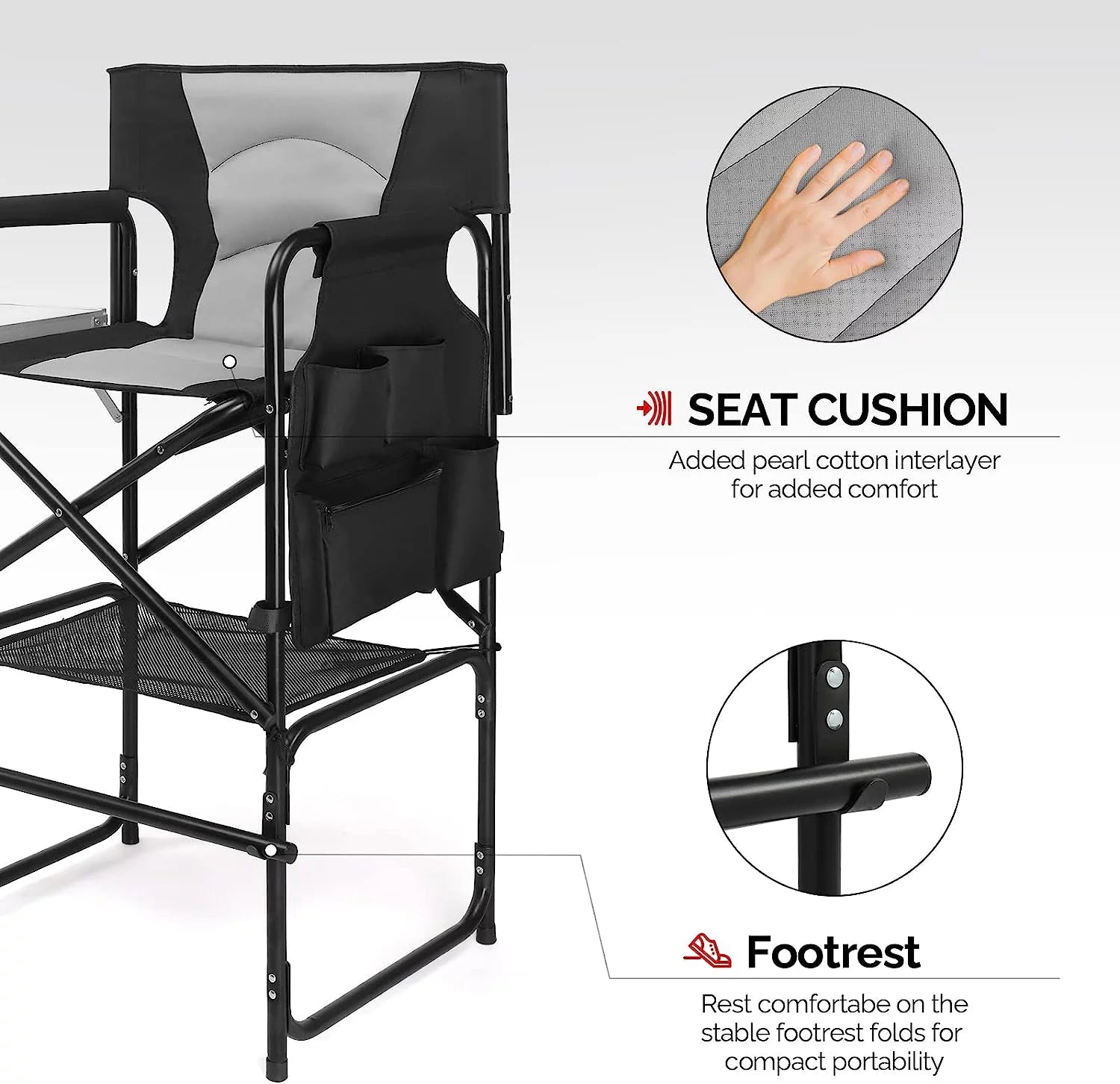 30inch Directors Camping Chair Folding with Side Table,Portable Makeup Artist Bar Height, Aluminum Frame 300 lbs Capacity,
