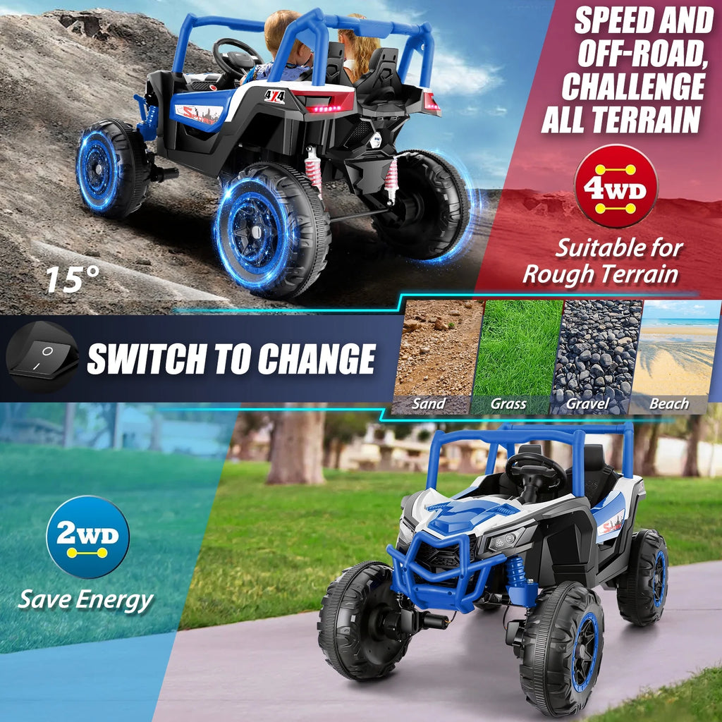 Funcid 4WD 24V Ride on Toys 2 XL Seater Kids Ride on Cars w/ Remote Control, 4*200W Motor, Electric Off-Road UTV 7AH Battery Powered 4-Wheeler Vehicle w/ Bluetooth, Music, 3-Speed, LED Light, Blue