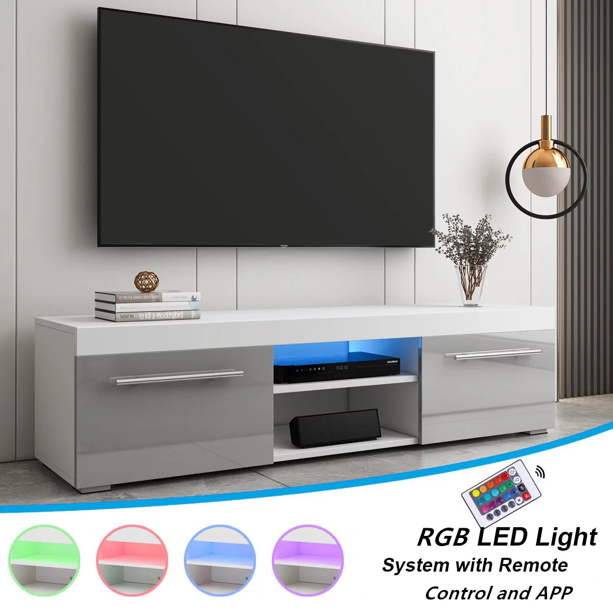 Hommpa Gray White High Gloss TV Stand for TVs up to 59 LED Entertainment Center Modern TV Cabinet with 2 Storage Drawers