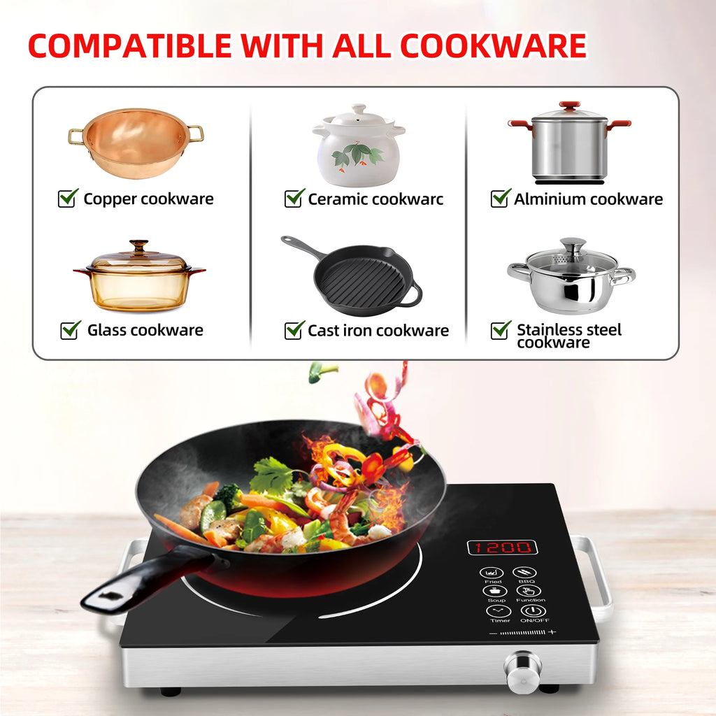 Electric Infrared Induction Cooktop Stove,Power range from 100W to 3500W,Compatible with All Cookware,Heat-Up In 5S with Cooking Timer,LED Screen,One-piece Panel for Easy Cleaning
