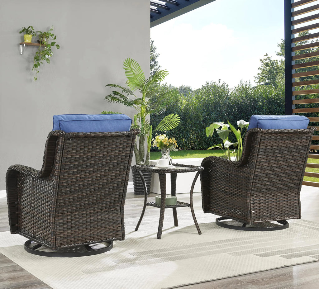 PARKWELL 3-Piece Outdoor Swivel Gliders with Side Table - Patio Wicker Bistro Furniture Set for Porch Deck Backyard - Blue Cushioned Swivel Rocking Chairs in Brown Wicker