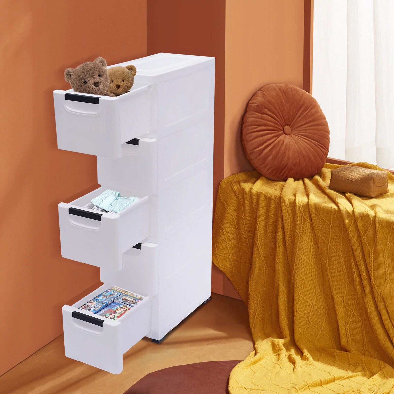 Fichiouy Vertical Tall Dresser Storage Tower Fabric Organizer Wardrobe with 5 Drawers White