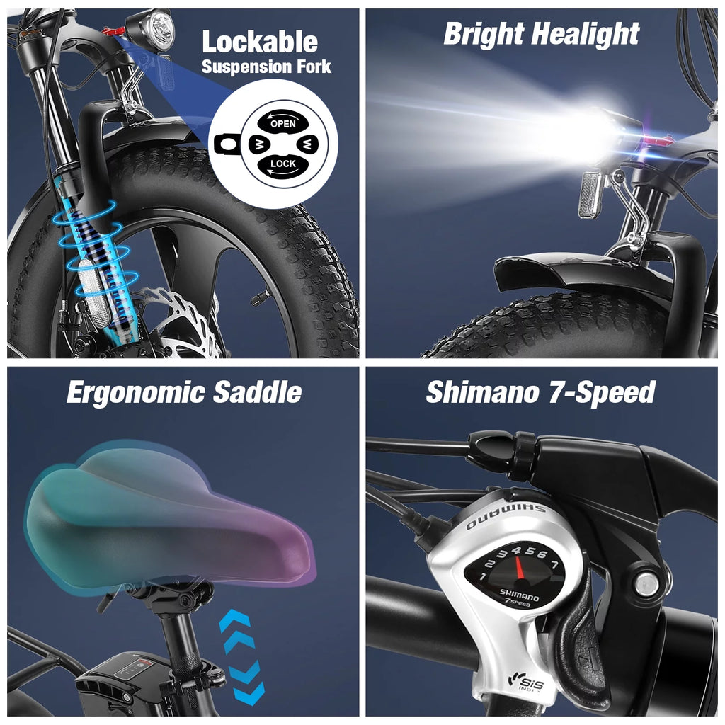 Gocio Electric Bike Fat Tire Folding Electric Bicycle for Adults with LCD Display, 350W Ebike 48V City Bike with 374.4wh Removable Battery Shimano 7 Speed Commuting Hybrid Bike UL2849