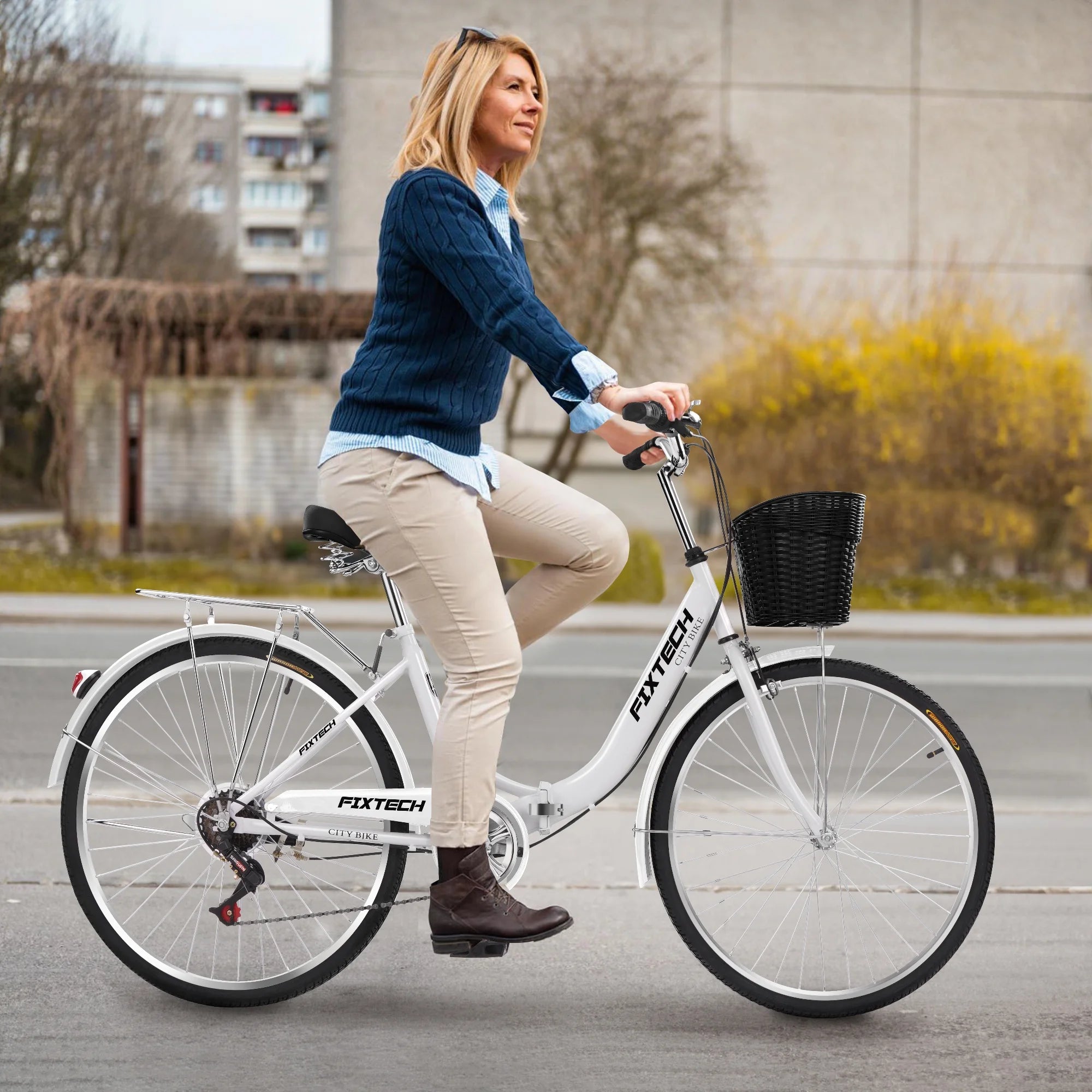 FIXTECH 26 Inch 7 Speed Foldable City Bike, Cruiser Bike, Carbon Steel Bicycle for Adults, White