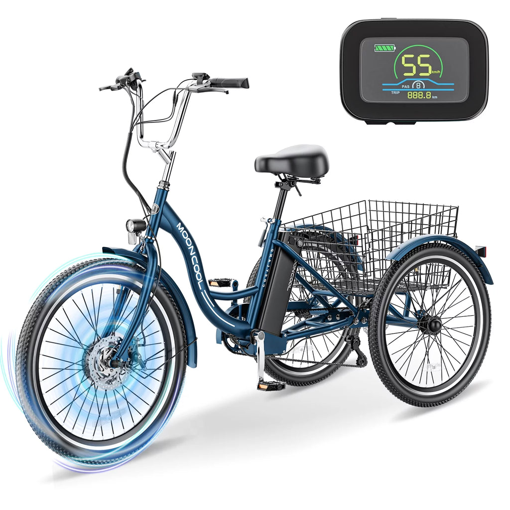 Mooncool 24" 26" 3 Wheel Electric Tricycle for Adults, 350W 36V 7 Speeds Motorized Electric Trike Three Wheel Electric Bikes Bicycle with Large Basket & Accessories for Women Men