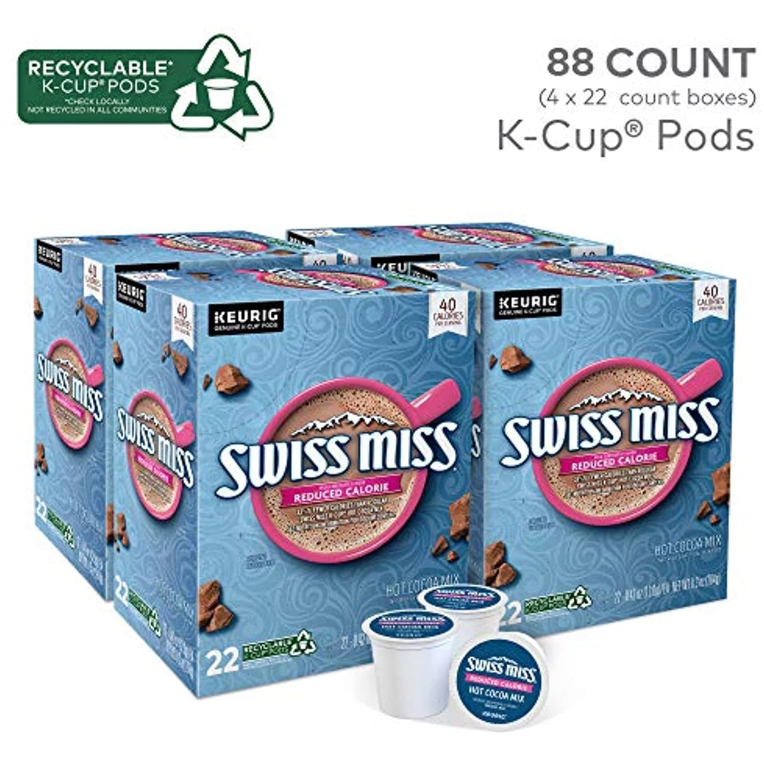 Swiss Miss Reduced Calorie Cocoa Keurig Single-Serve K Cup Pods, 88Count