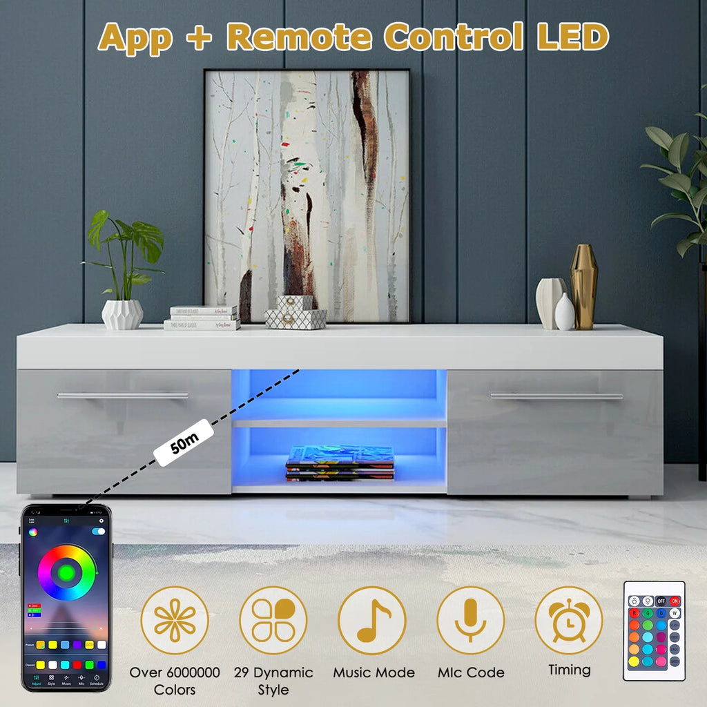 Hommpa Gray White High Gloss TV Stand for TVs up to 59 LED Entertainment Center Modern TV Cabinet with 2 Storage Drawers