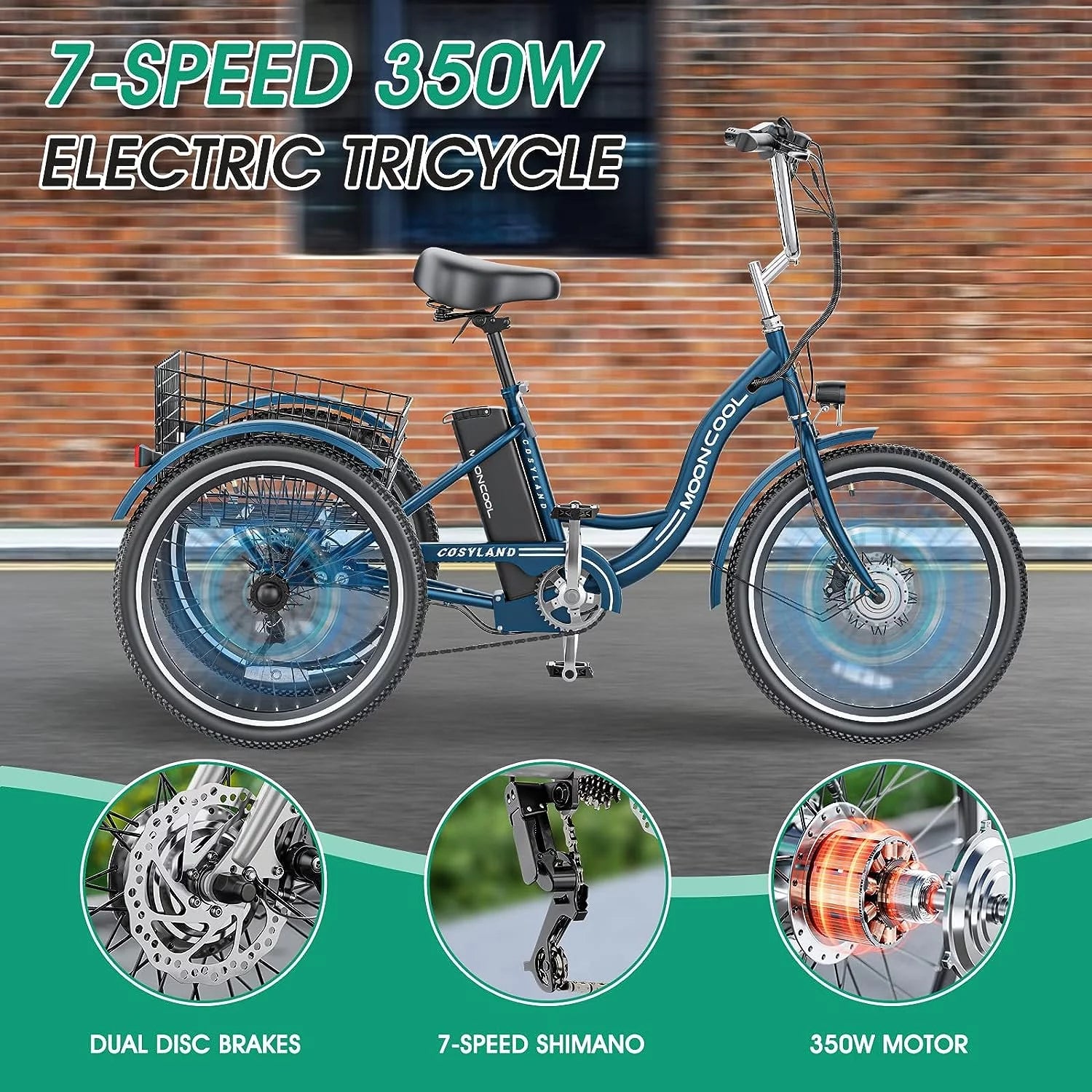 Mooncool 24" 26" 3 Wheel Electric Tricycle for Adults, 350W 36V 7 Speeds Motorized Electric Trike Three Wheel Electric Bikes Bicycle with Large Basket & Accessories for Women Men