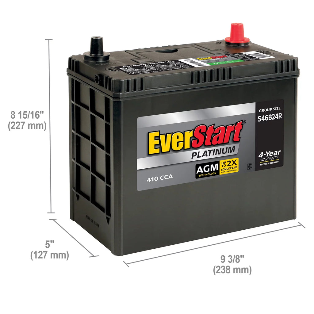 EverStart Platinum AGM Automotive Battery, Group Size S46B24R 12 Volt, 410 CCA