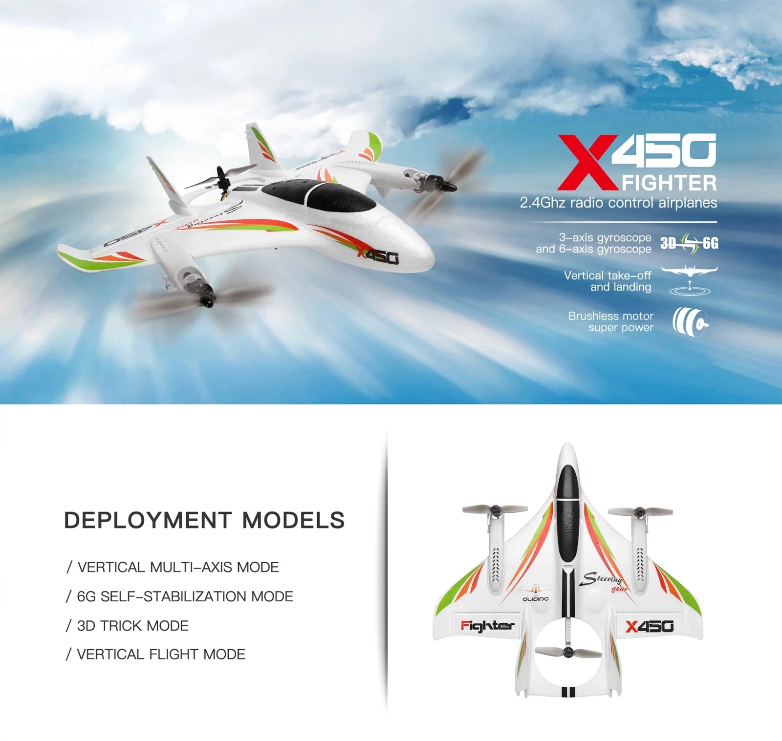 TOPTENG WLtoys XK X450 RC Airplane, 2.4G Remote Control 6 Channel Brushless Motor Aircraft, Vertical Takeoff LED RC Glider Fixed Wing Plane RTF