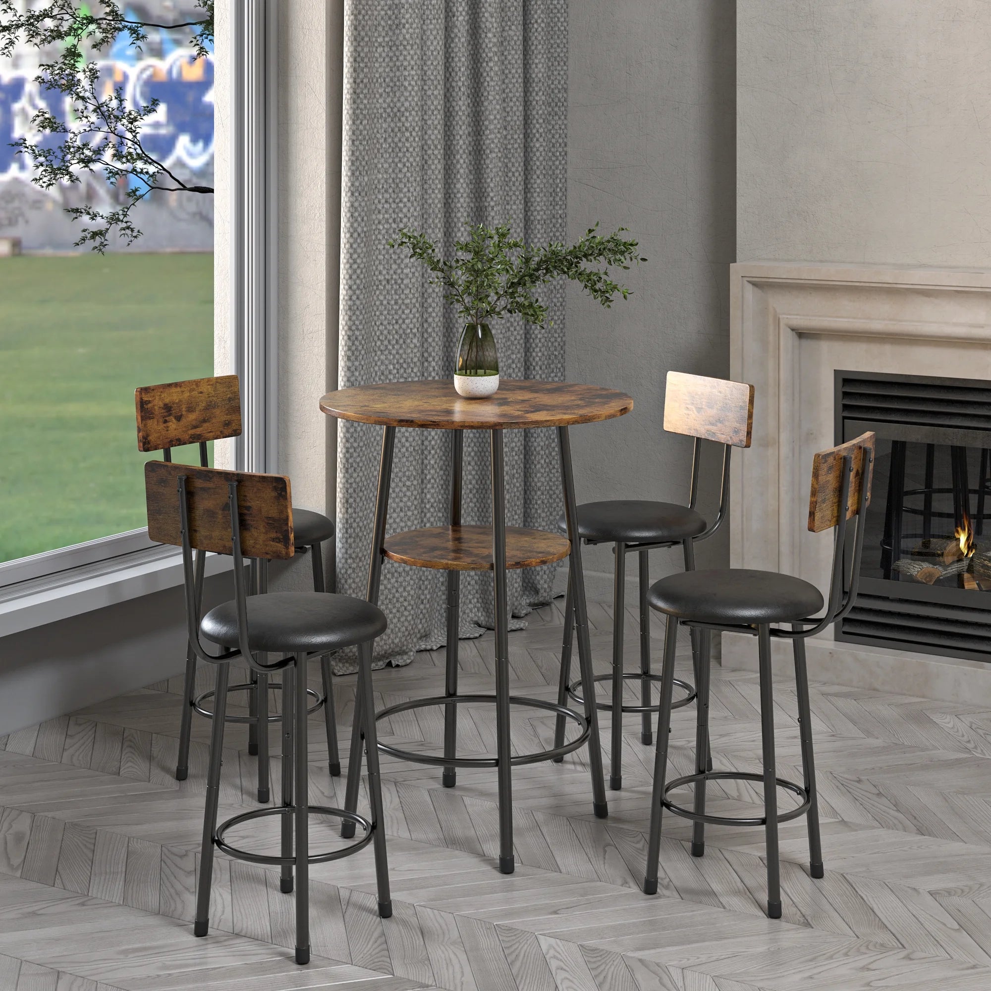5 Piece Bar Table Set, Modern Counter Height Dining Set, Home Dining Table and Chairs Set for 4, Kitchen Breakfast Table Set with 4 Cushioned Stools, Bistro Pub Table Set, Rustic Brown