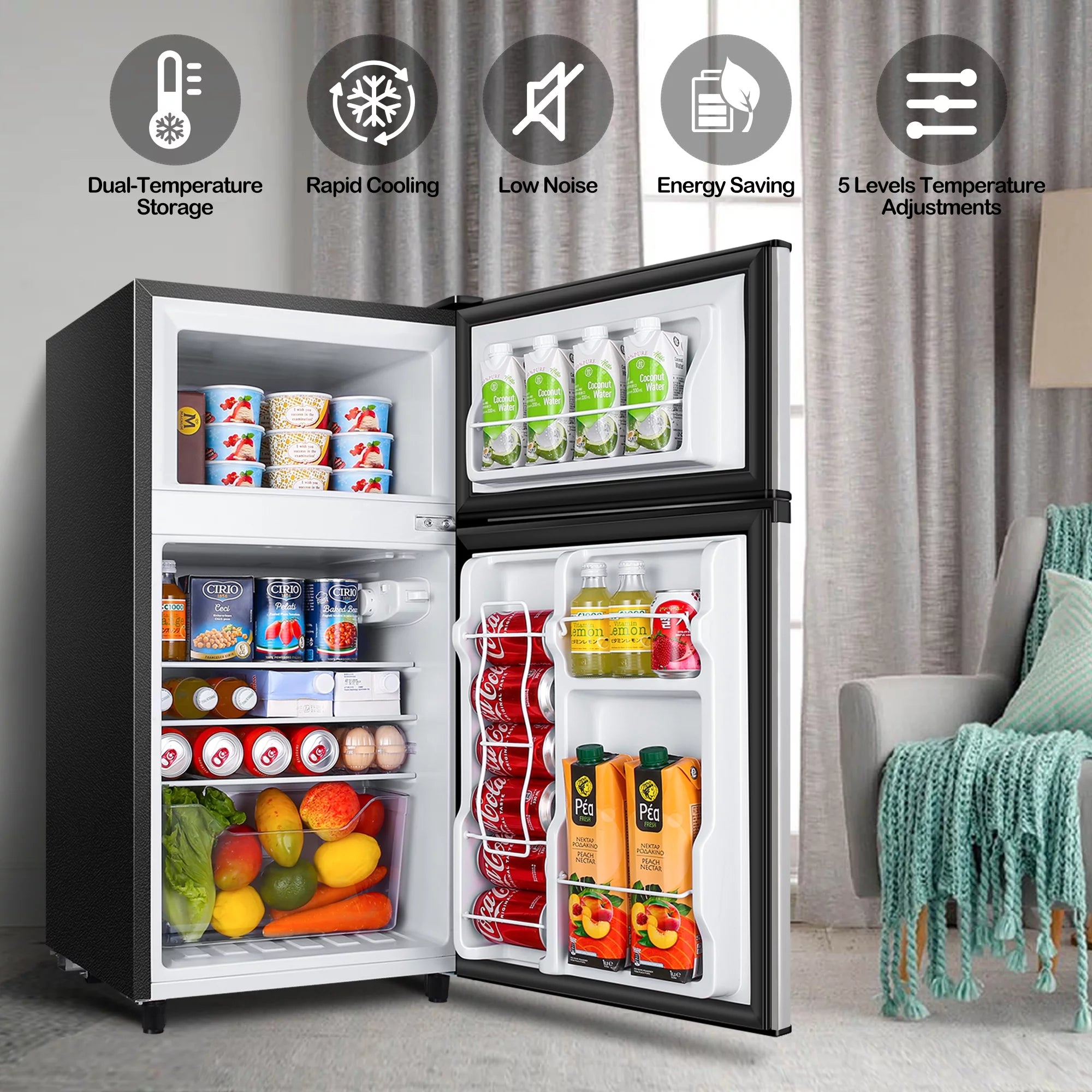 WANAI 3.5 Cu ft Two Door Mini Fridge with Freezer, Silvery