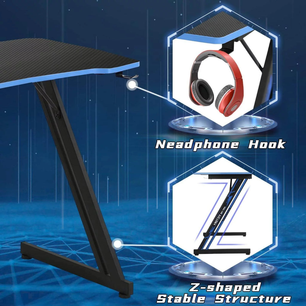39.4 inch Gaming Desk Z-Shaped Computer Desk with Headphone Hook, Ergonomic Home Office Desks for Small Places PC Gamer Workstation, Blue