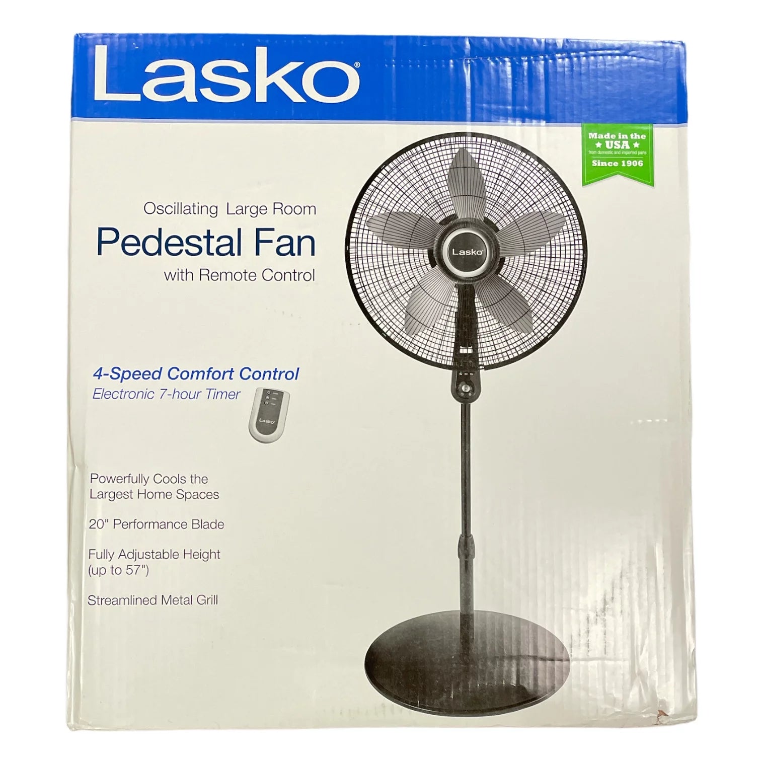 Lasko 20" Oscillating Pedestal Fan, 4 Speed Remote Control, 57" Tall (Black)