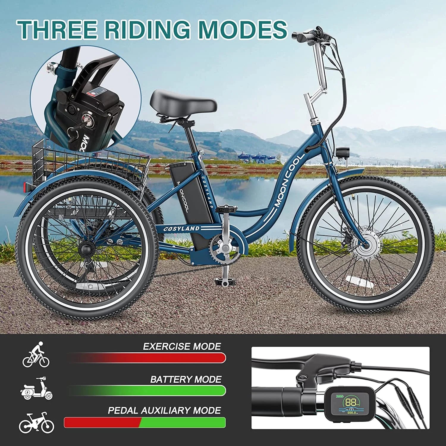 Mooncool 24" 26" 3 Wheel Electric Tricycle for Adults, 350W 36V 7 Speeds Motorized Electric Trike Three Wheel Electric Bikes Bicycle with Large Basket & Accessories for Women Men