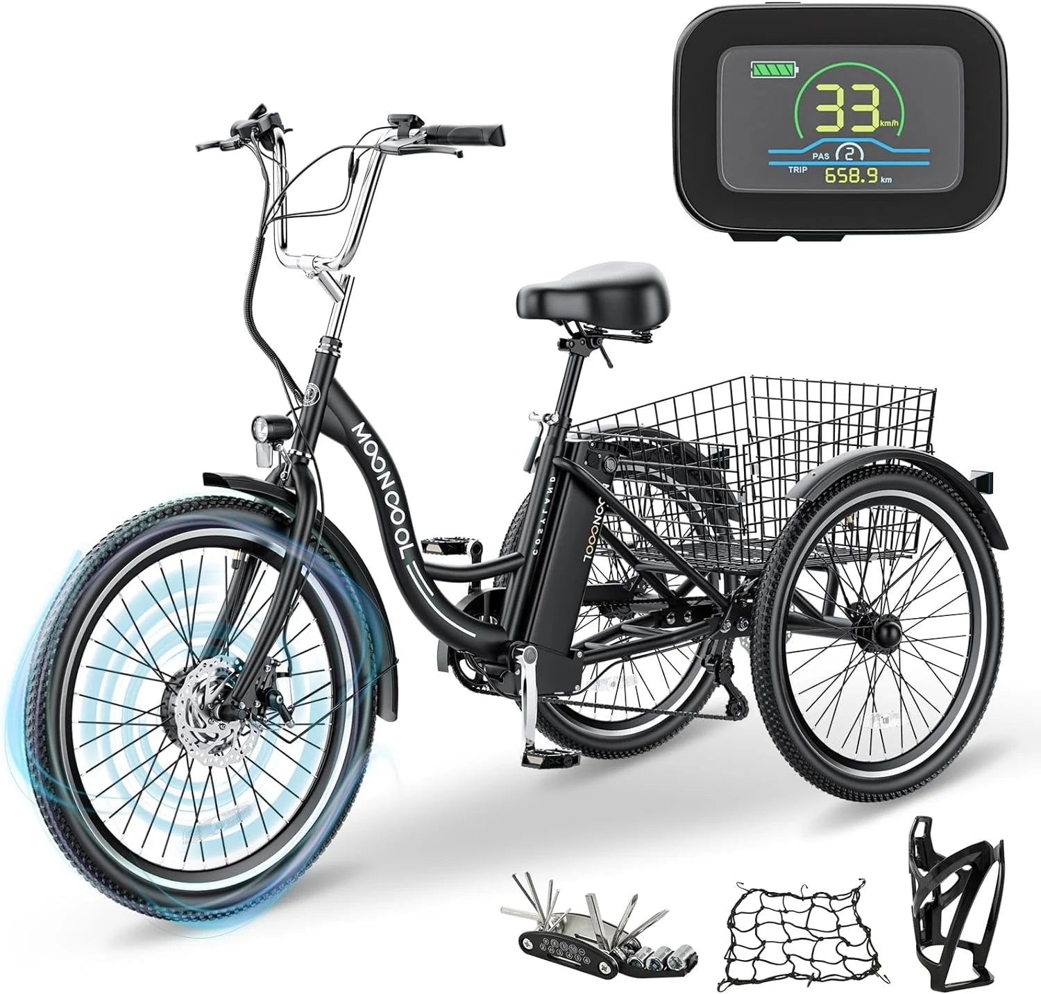 Mooncool 24" 26" 3 Wheel Electric Tricycle for Adults, 350W 36V 7 Speeds Motorized Electric Trike Three Wheel Electric Bikes Bicycle with Large Basket & Accessories for Women Men