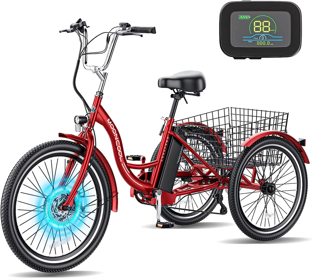 MOONCOOL 24"/26" Electric Tricycle for Adults, 350W 36V 7 Speeds Electric Trike Motorized Three Wheel Electric Bikes Bicycle with Large Basket for Women Men