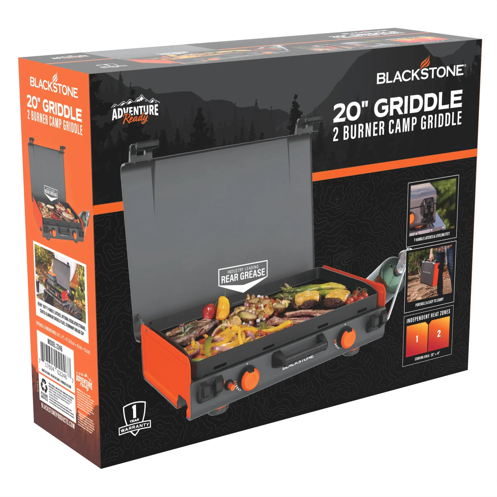Blackstone Adventure Ready 20"x14" 2-Burner Propane Camping Griddle (Model 2246) with Latching Hood and Handle