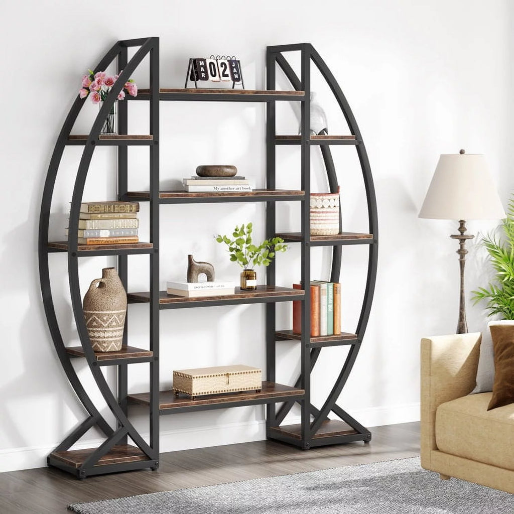 Tribesigns Bookshelf, Oval Triple Wide 5 Tiers Etagere Bookcases, Industrial Display Shelves for Living Room, Rustic Brown