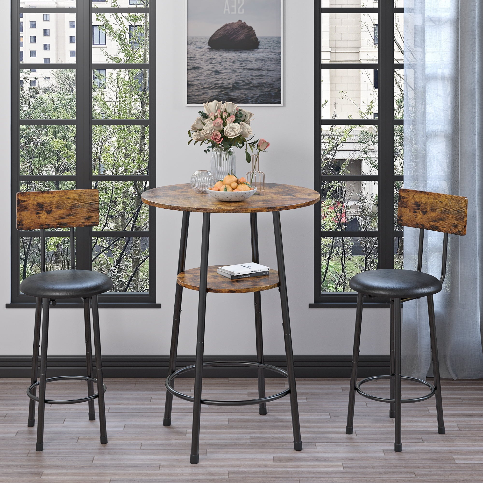 5 Piece Bar Table Set, Modern Counter Height Dining Set, Home Dining Table and Chairs Set for 4, Kitchen Breakfast Table Set with 4 Cushioned Stools, Bistro Pub Table Set, Rustic Brown