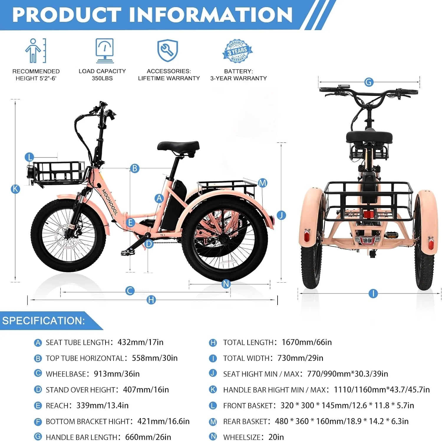 MOONCOOL 24"/26" Electric Tricycle for Adults, 350W 36V 7 Speeds Electric Trike Motorized Three Wheel Electric Bikes Bicycle with Large Basket for Women Men