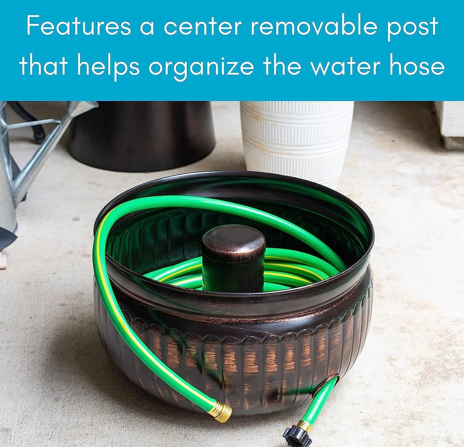 Water Hose Holder | Holds 100ft Hose | DIstressed Bronze | Drainage Hole | Ground Garden Hose Pot | Decorative | Embossed | Steel Metal with Copper Accents | Outdoor or Indoor Use