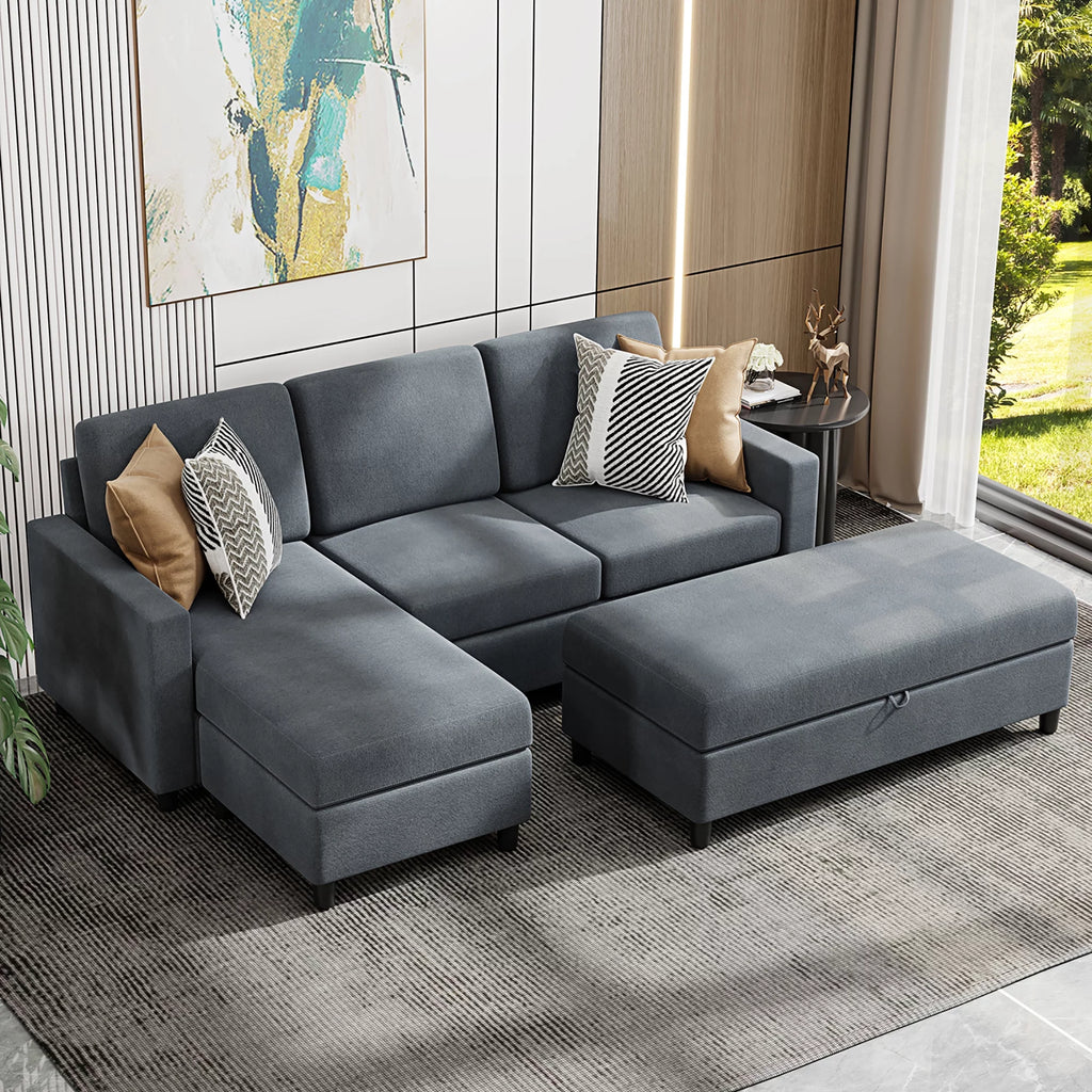 Walsunny Linen Fabric Convertible L-Shaped Sectional Sofa(Dark Gray)