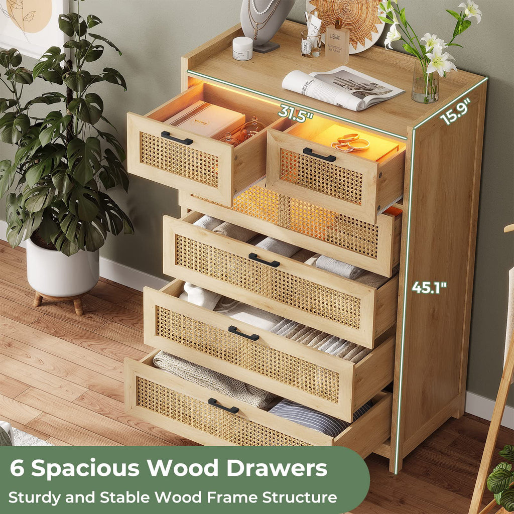 7 Drawer Dressers with LED Light, Natural Rattan Dresser for Bedroom, Hallway, Entryway