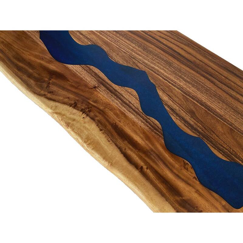 6 ft. L x 25 in. D UV Finished Saman Solid Wood Butcher Block Countertop With Live Edge and Blue Epoxy River