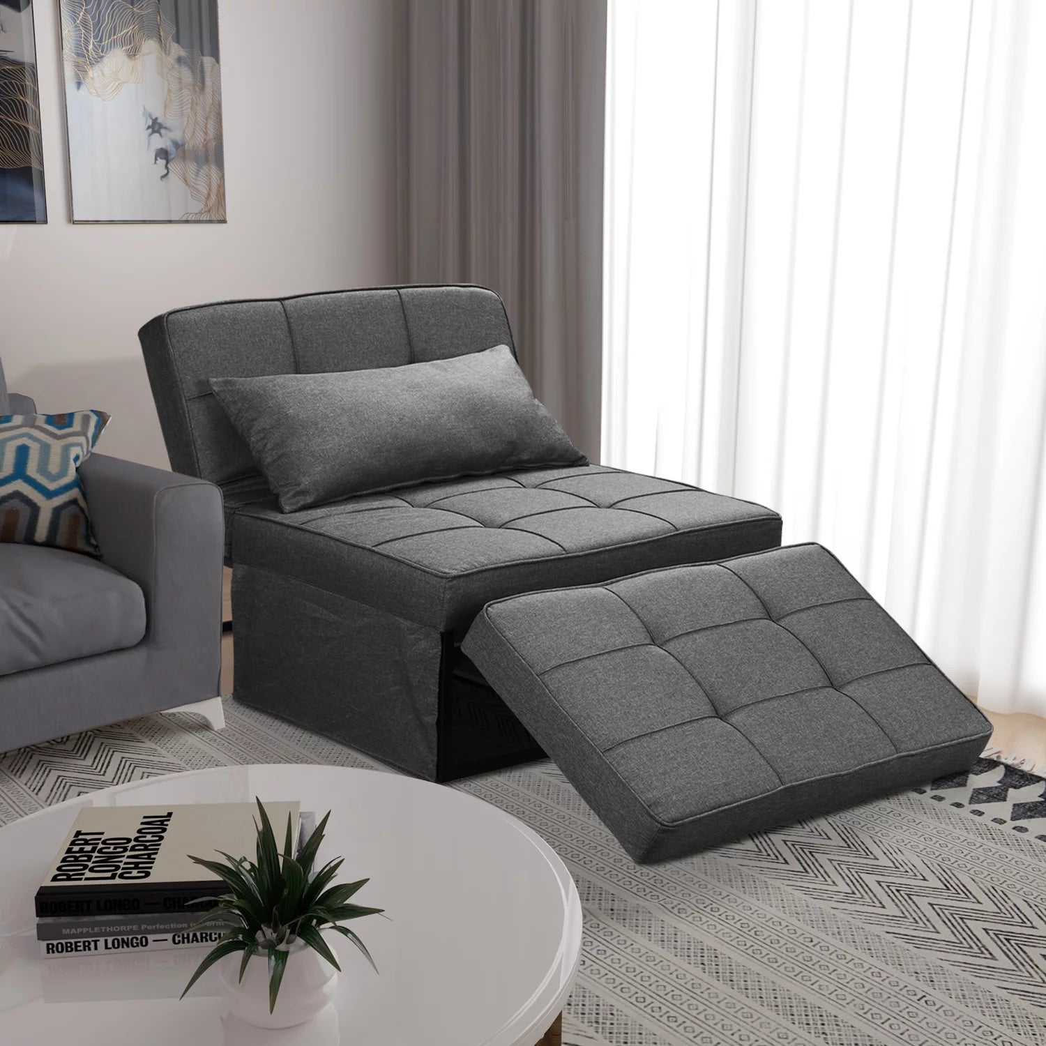 Ainfox Ottoman Chair Lounger Bed .4 in 1 Breathable Linen Convertible Single Sofa Couch, 73.23''L x 33.86''W(Dark Blue)