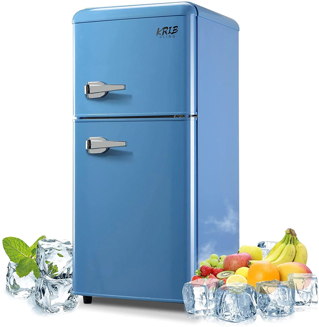 Krib Bling 3.5 cu.ft Compact Refrigerator, Retro Mini Fridge with Freezer, Small Drink Chiller with 2 Door, Blue