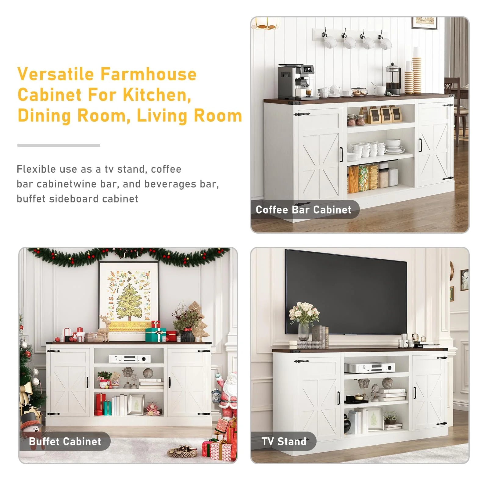 4 Layer Farmhouse Coffee Bar Cabinet With Power Outlet & LED Light, 57" Barn Door Buffet Cabinet Kitchen Storage With Adjustable Shelves(Brown)