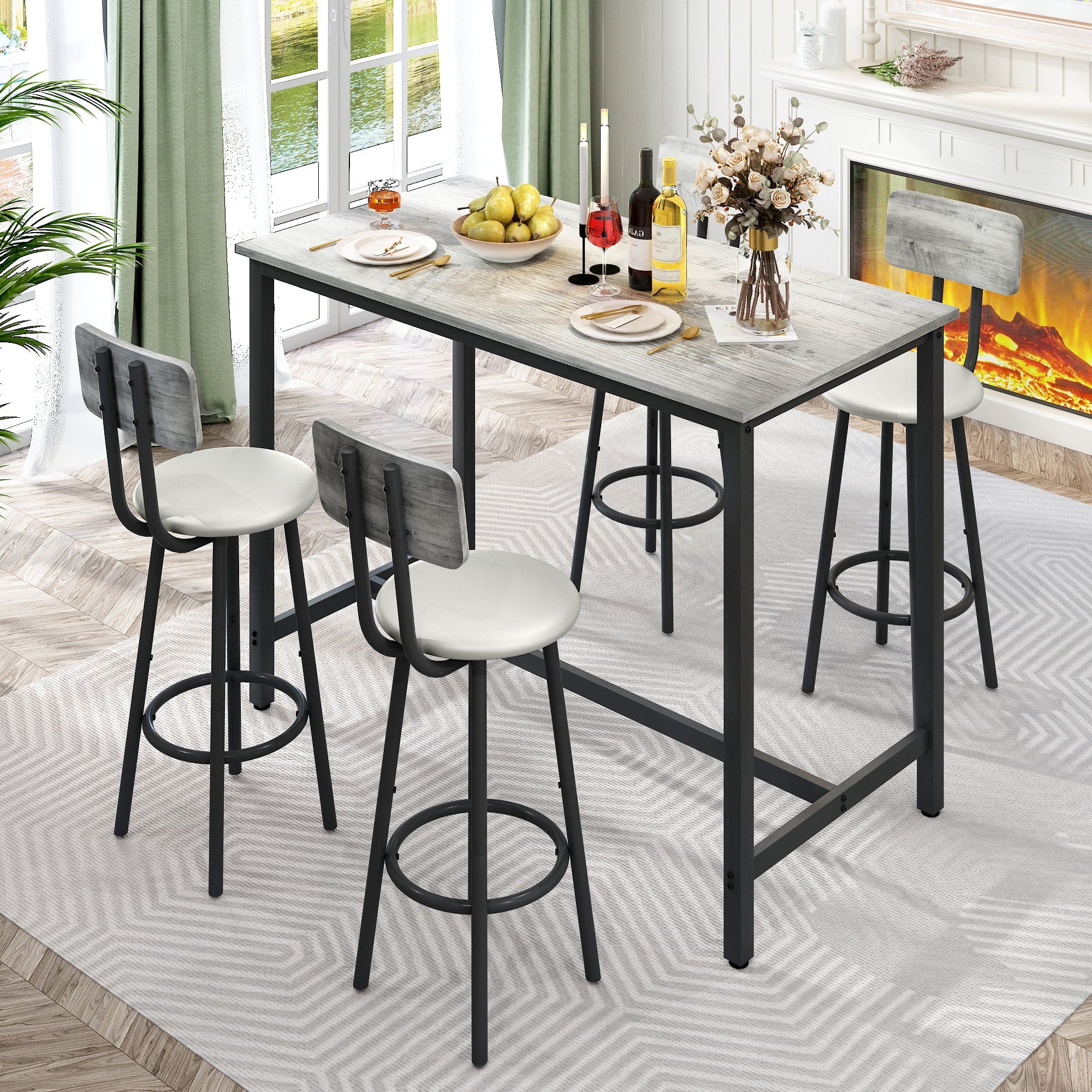 5 Piece Bar Table Set, Modern Counter Height Dining Set, Home Dining Table and Chairs Set for 4, Kitchen Breakfast Table Set with 4 Cushioned Stools, Bistro Pub Table Set, Rustic Brown