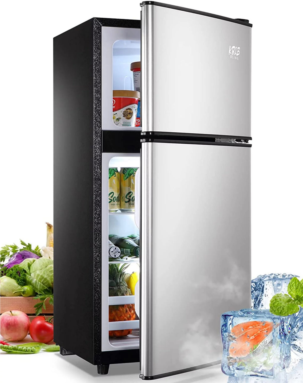 KRIB BLING 3.5 Cu.ft Compact Refrigerator Mini Fridge with Freezer, 2 Door Small Refrigerator for Office, Silver