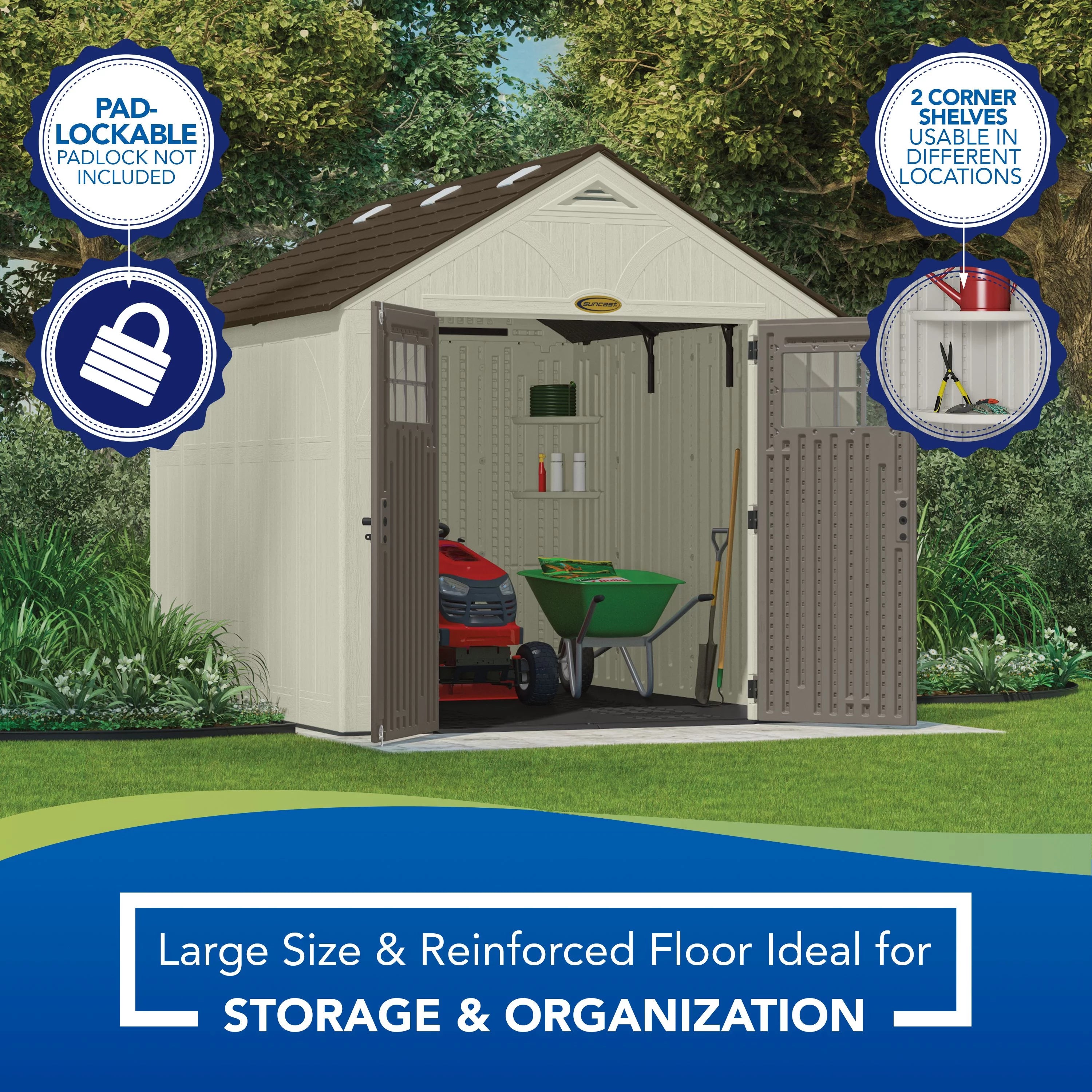 Suncast Metal and Resin Storage Shed, Vanilla, 122.25 in D x 103 in H x 100.5 in W