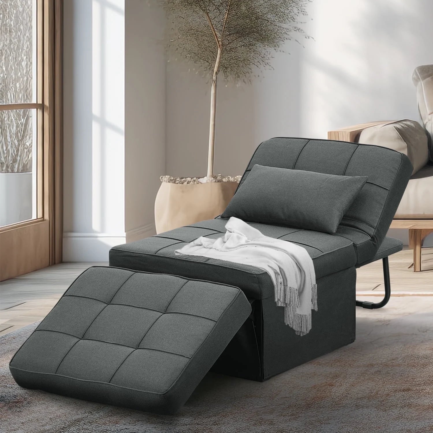 Ainfox Ottoman Chair Lounger Bed .4 in 1 Breathable Linen Convertible Single Sofa Couch, 73.23''L x 33.86''W(Dark Grey)(Beige)