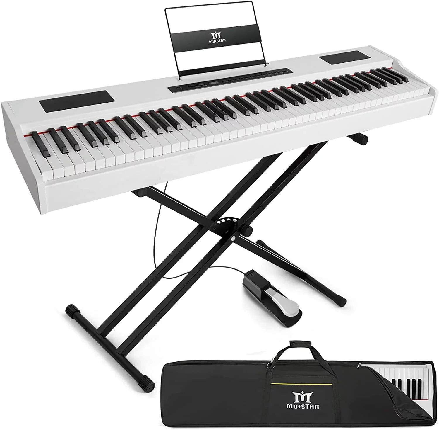 MUSTAR Weighted Digital Keyboard Piano 88 Keys Hammer Action with Stand, Bluetooth, Portable Case, Sustain Pedal (White)