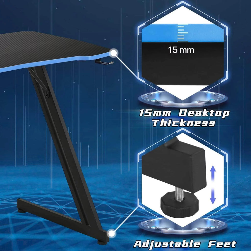 39.4 inch Gaming Desk Z-Shaped Computer Desk with Headphone Hook, Ergonomic Home Office Desks for Small Places PC Gamer Workstation, Blue