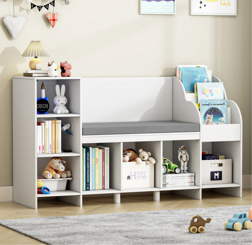 Homfa 31.5'' H x 54.5'' W Kids Bookshelf with Reading Nook, 2 Seats 7 Toy Shelves Wooden Kids Storage Organizer, White