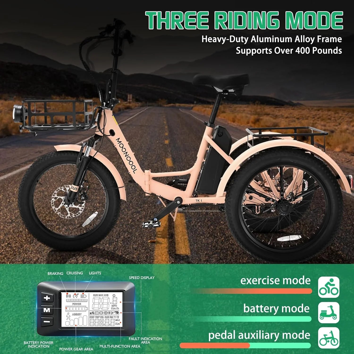 MOONCOOL 24"/26" Electric Tricycle for Adults, 350W 36V 7 Speeds Electric Trike Motorized Three Wheel Electric Bikes Bicycle with Large Basket for Women Men
