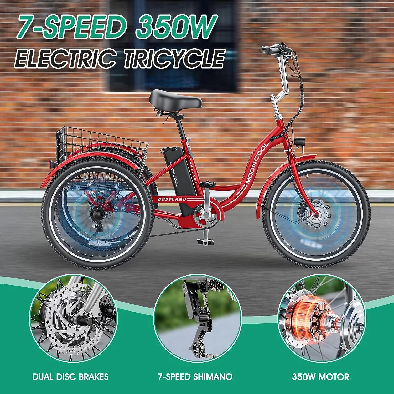 Mooncool 24" 26" 3 Wheel Electric Tricycle for Adults, 350W 36V 7 Speeds Motorized Electric Trike Three Wheel Electric Bikes Bicycle with Large Basket & Accessories for Women Men