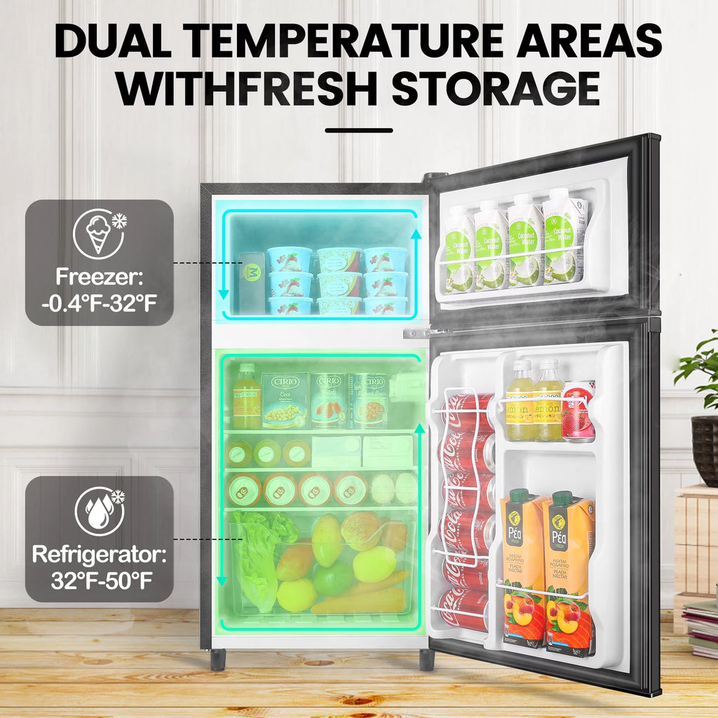 WANAI 3.5 Cu ft Two Door Mini Fridge with Freezer, Silvery
