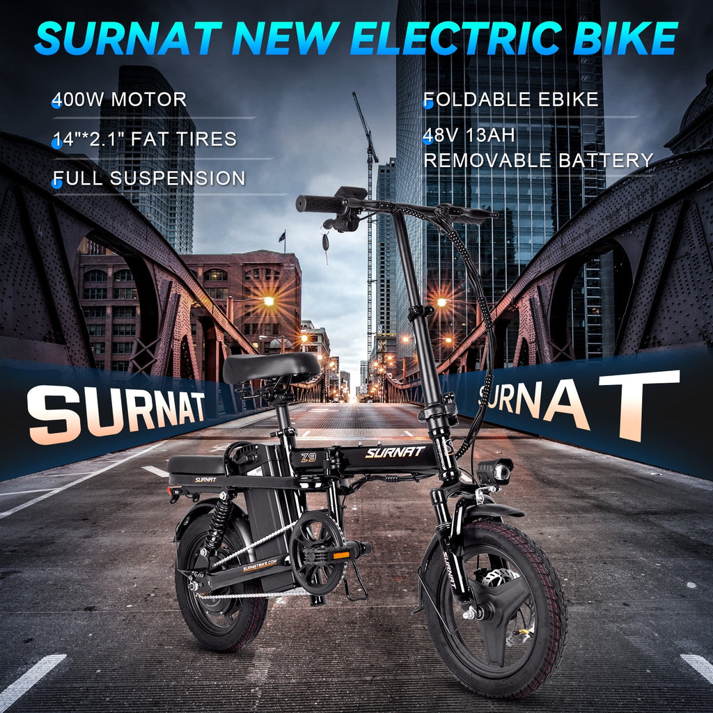 SURNAT Z9 Folding Electric Bike Full Suspension 400W (Peak 600W) 48V 13Ah Removable Battery 23MPH 14" x 2.1 Fat Tire ebikes Commuter Electric Bicycle