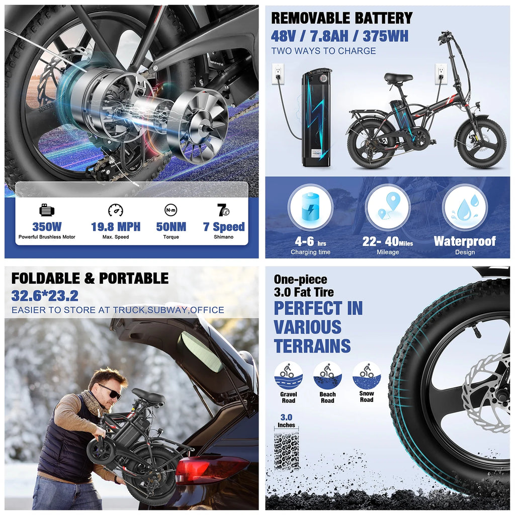 Gocio Electric Bike Fat Tire Folding Electric Bicycle for Adults with LCD Display, 350W Ebike 48V City Bike with 374.4wh Removable Battery Shimano 7 Speed Commuting Hybrid Bike UL2849