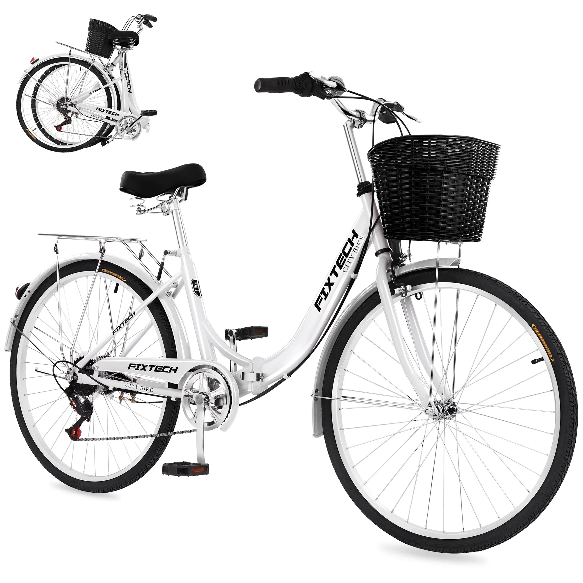 FIXTECH 26 Inch 7 Speed Foldable City Bike, Cruiser Bike, Carbon Steel Bicycle for Adults, White