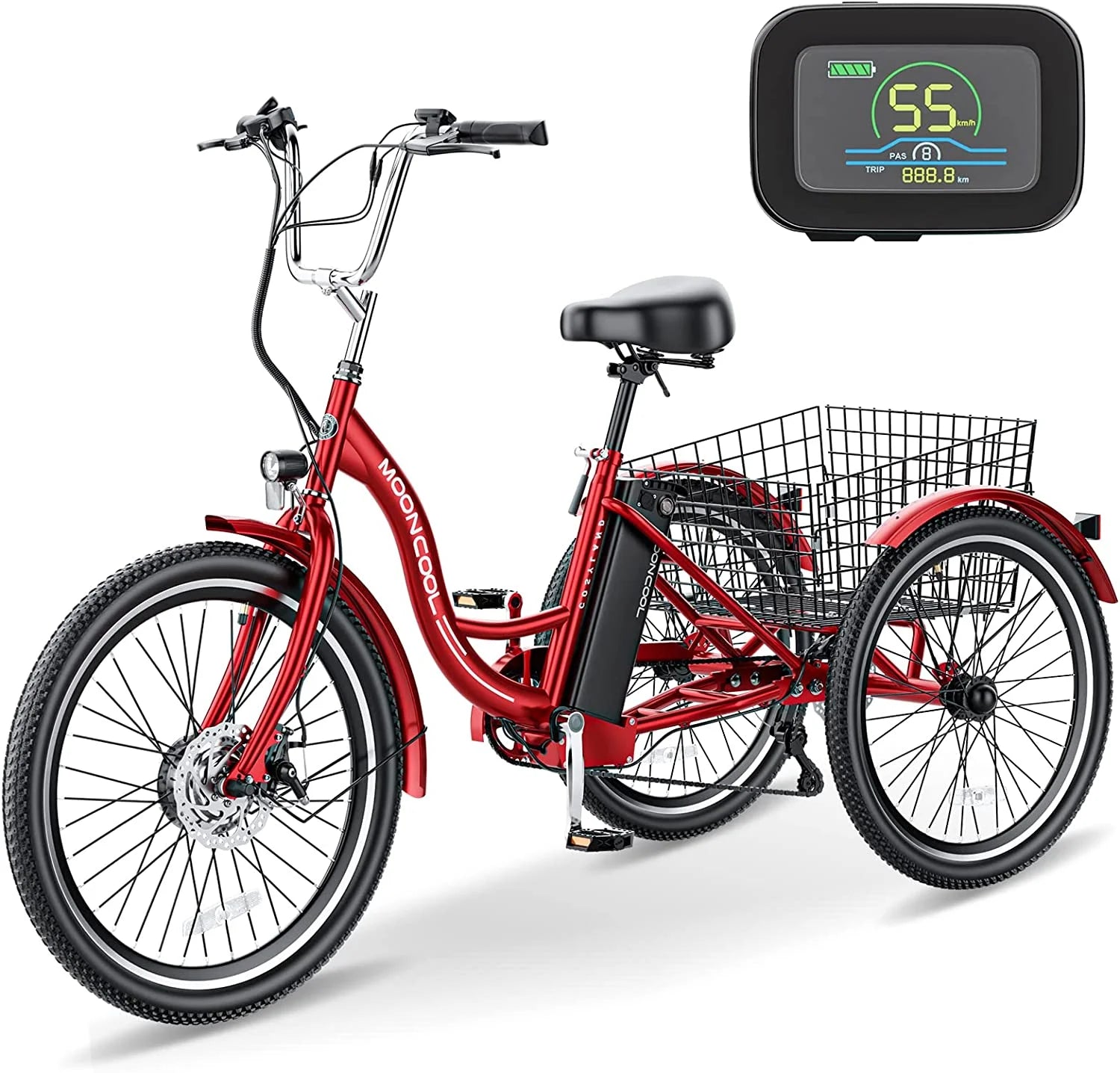 Mooncool 24" 26" 3 Wheel Electric Tricycle for Adults, 350W 36V 7 Speeds Motorized Electric Trike Three Wheel Electric Bikes Bicycle with Large Basket & Accessories for Women Men