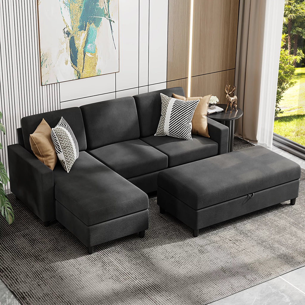 Walsunny Linen Fabric Convertible L-Shaped Sectional Sofa(Dark Gray)