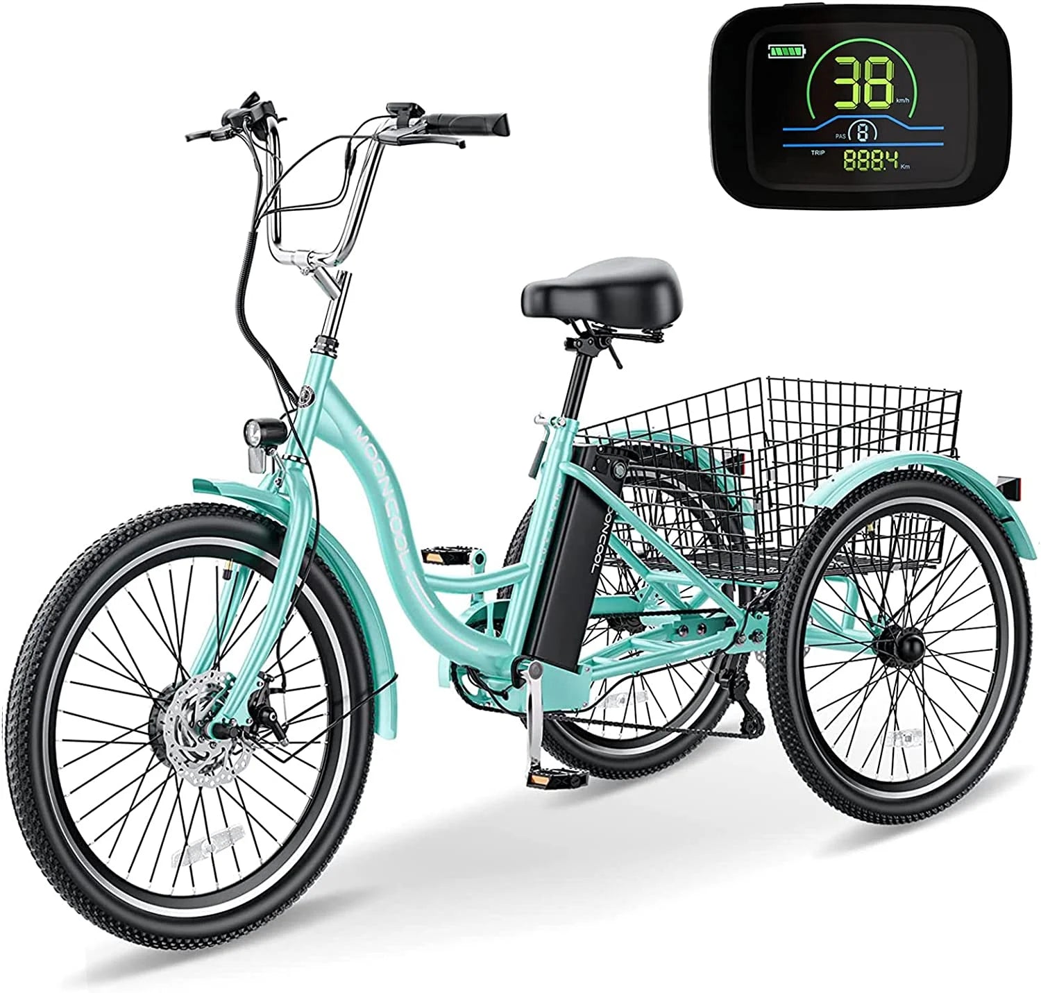 Mooncool 24" 26" 3 Wheel Electric Tricycle for Adults, 350W 36V 7 Speeds Motorized Electric Trike Three Wheel Electric Bikes Bicycle with Large Basket & Accessories for Women Men
